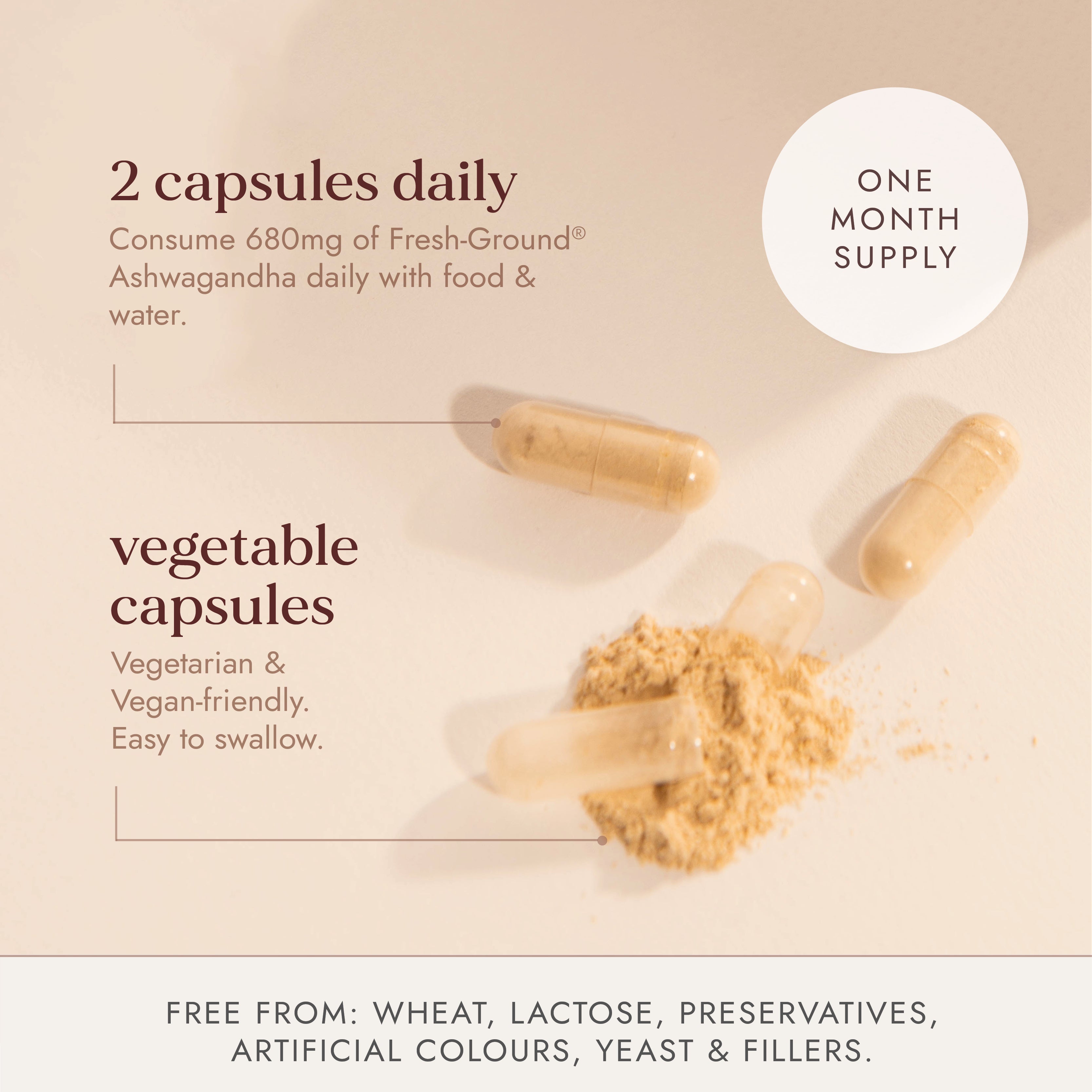 Two vegetable capsules daily, one month supply
