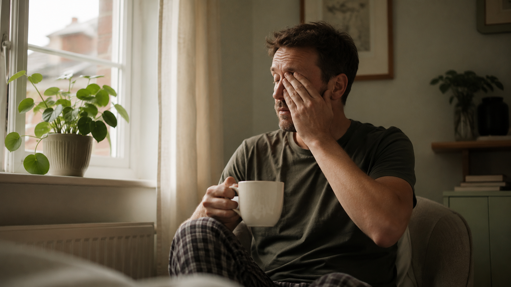 Tired man in morning light with coffee