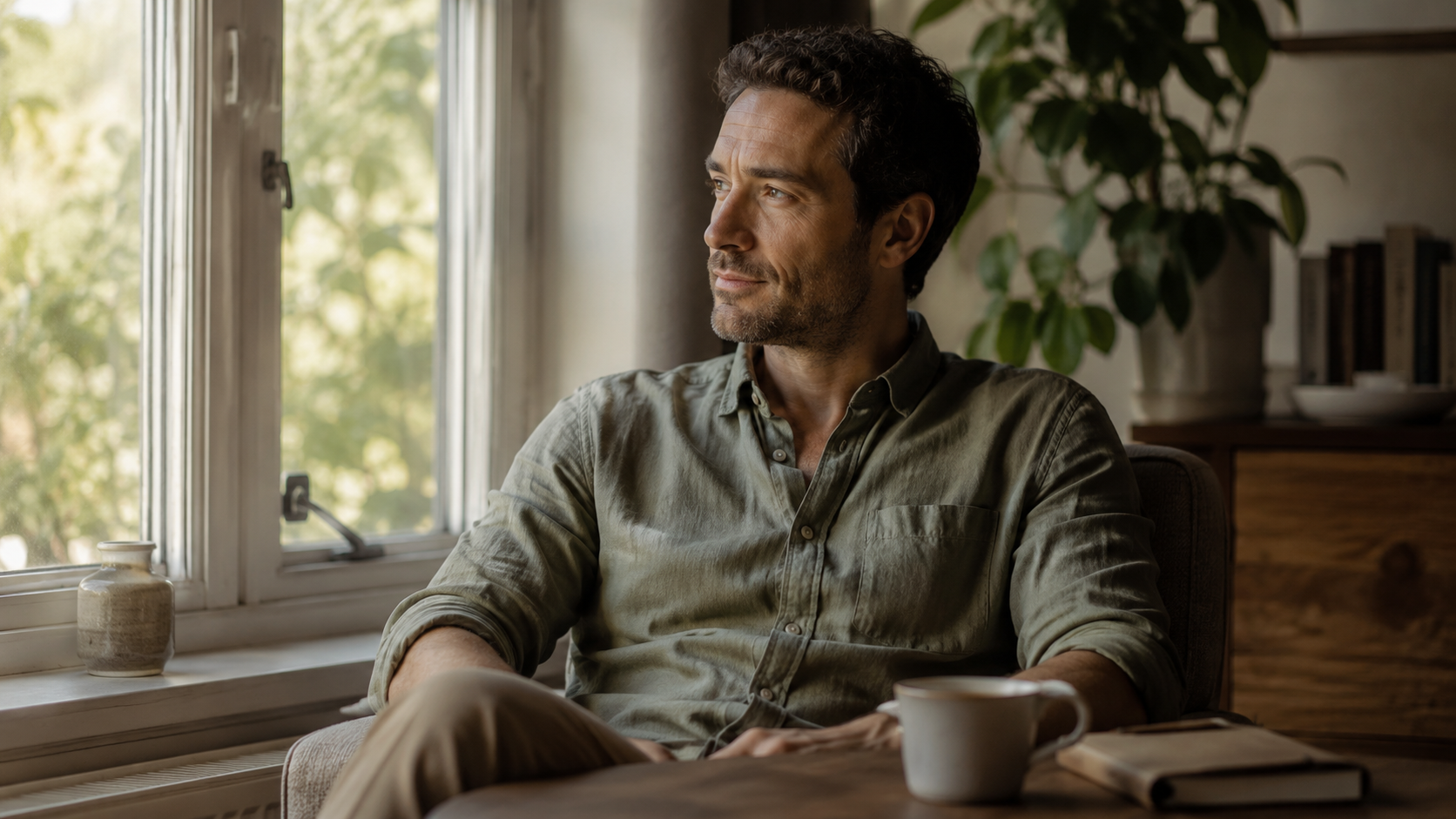 Calm, alert man by a window with a mug of tea