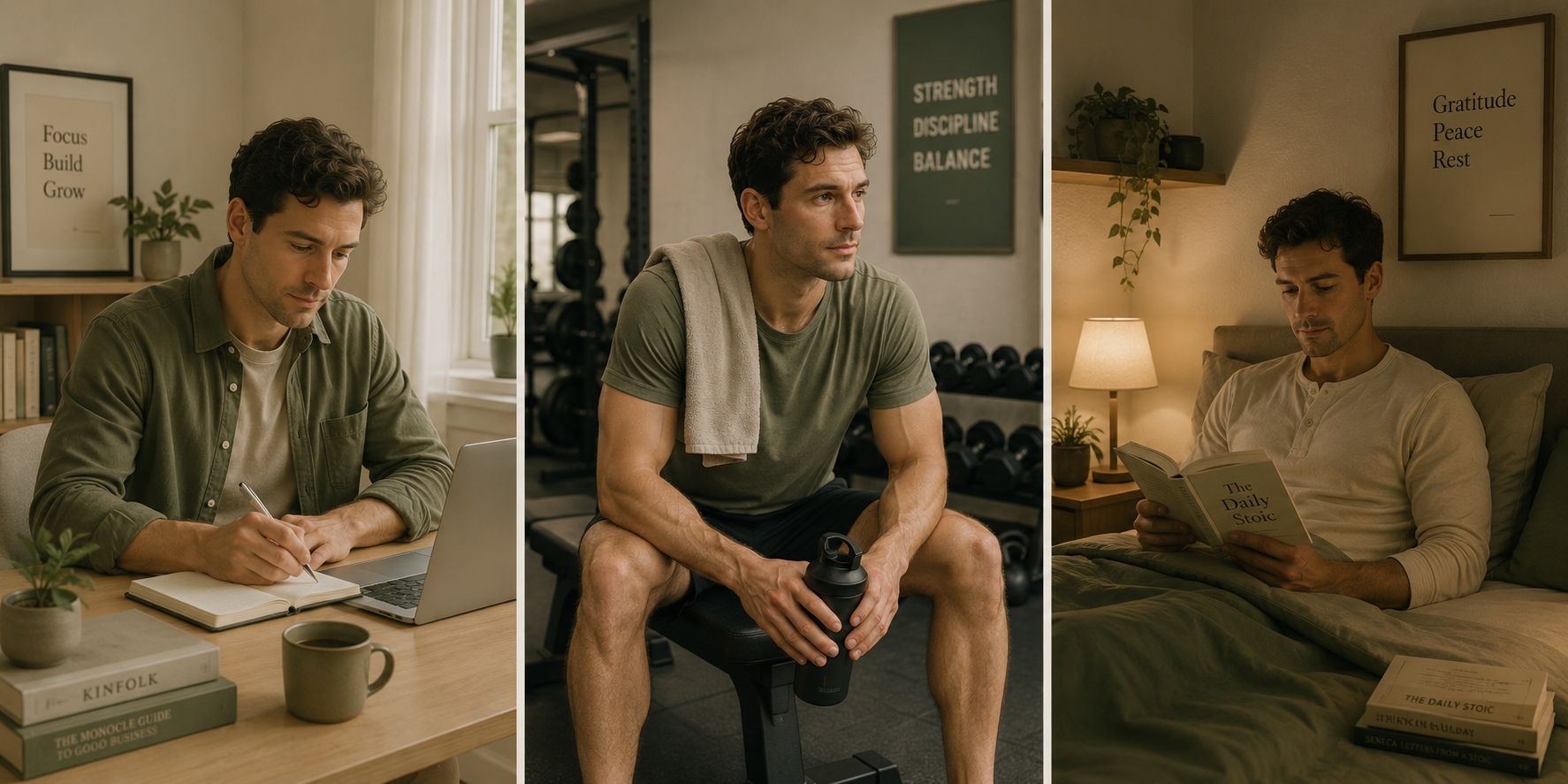 A calm day: focused at the desk, steady at the gym, resting at night